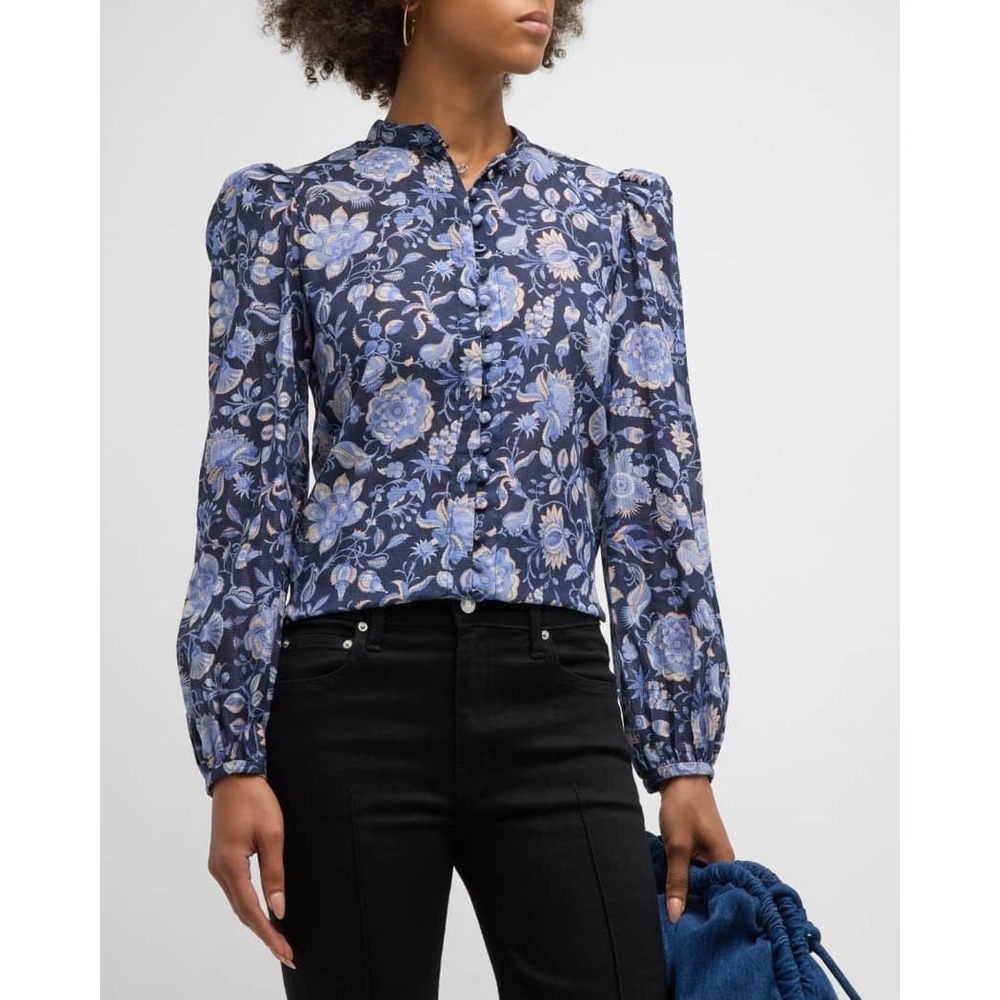 Derek Lam 10 Crosby Womens Savannah Floral Puff-Sleeve Button-Front Blouse Sz 14